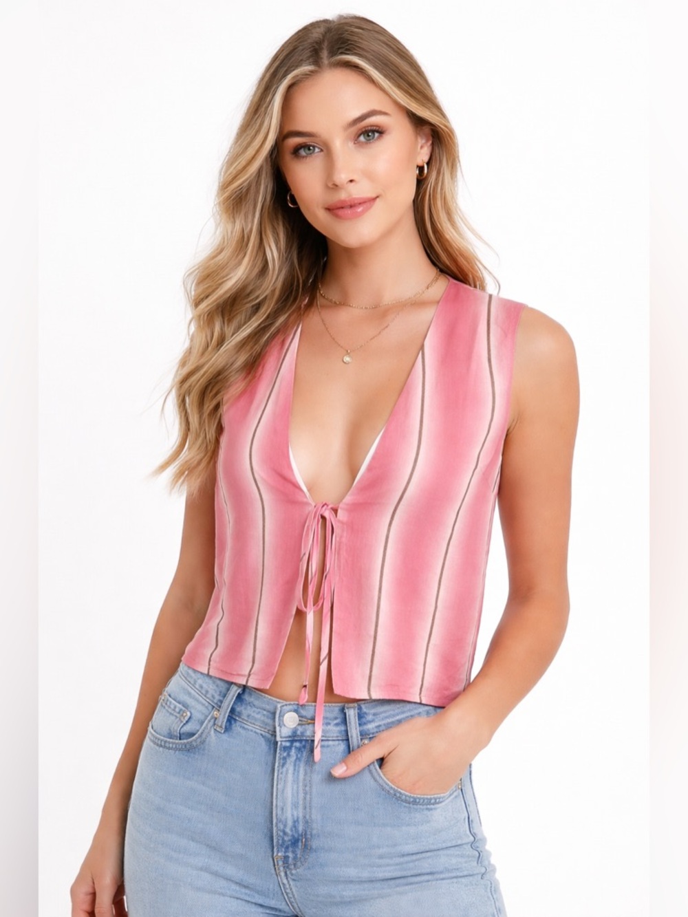 Princess Polly Womens Pink Striped Vest Linen Cotton Blend Sleeveless NWT Size 6